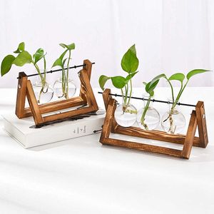 Creative Hydroponic Plant Bonsai Wooden Frame Glass Vase Modern Living Room Desktop Decorations Flower Pots 210624