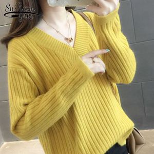 V-neck Women Sweater Solid Cotton Sweater Women Autumn Winter Loose Long Sleeve Knit Office Lady Korean Pullover 10324 210527