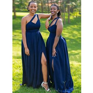 Kungliga blå satin brudtärna klänningar cut out en axel sida slit plus storlek lång prom klänning Vestidos afrikanska kvinnor klänning