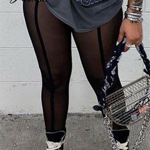 Joskaa Sexy See-through Black High Waist Long Trousers Casual Sweatpants Women Autumn Elastic Pencil Pants Mesh Leggings 211215