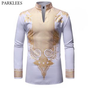 Mäns Mandarin Collar African Dashiki Longline skjorta Märke Långärmad Tribal Etnisk Utskrift Klänningskjorta Män Afrikansk Kläder 210522