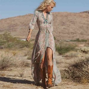 Teelynn boho lång klänning vintage blommigryck chiffong tre fjärdedel ärm v-hals sommar gypsy hippie kvinnor klänningar vestidos 210409