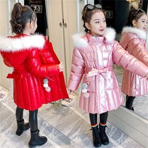 Winter Jackets For Girls Parkas Children's Coat Outerwear Casual Hooded Big Fur Collar Solid Bright Waterproof Cotton Clothes 211203