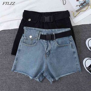 Women High Waist Wide Leg Blue Black Denim Shorts With Belt Summer Casual Female Solid Color 2xl Jeans 210430