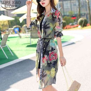 Shirt Summer Long Sleeve Cardigan Floral Print Loose Tops Chiffon Blouses Women Beach Sun Protection Clothes 9127 50 210417