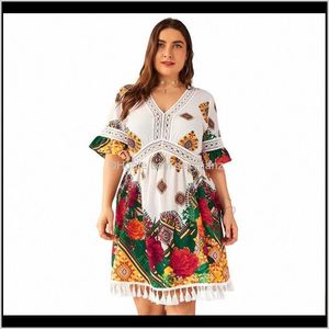 Party Womens Roupas Vestuário Entrega 2021 Floral Impressão Boho Holiday Plus Size Mulheres Verão V Neck de Manga Curta Lace Hollow Tassel