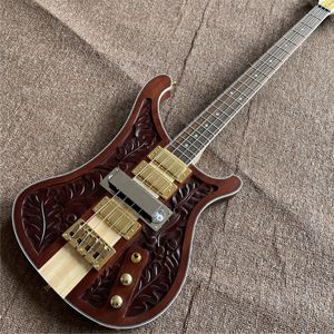 Przyjazd 4 struny Bass Brown Gitara elektryczna z trybem nagrywania, białe wiązanie, złoty sprzęt, skala rosewood, spersonalizowany