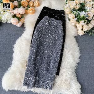Ly Varey Lin Spring Women Sexy Sequins Penna Kjolar Elegant Mid Length Femme Trend High Waist Slim Shinny Skirt 210526