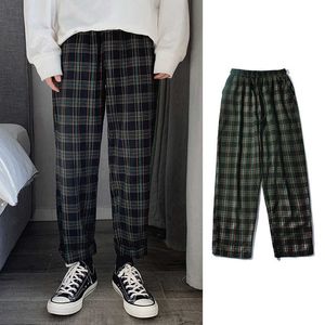 Nytt mode 2021 man lös randig längd byxor koreanska stil män plaid casual pants överdimensionerade streetwear joggers byxor män x0723