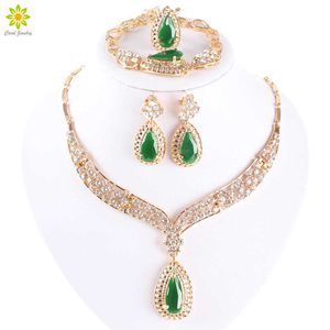 Fashion Crystal Necklace Collar Jewelry Sets For Women Party Accessories African Beads Earrings Bracelet Rings Set Vintage Green H1022