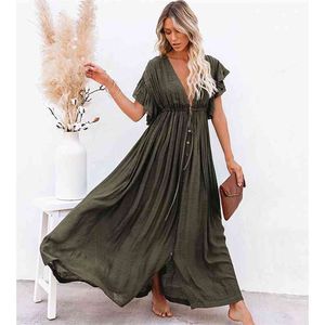 Sexy Boho Dress Beach Cover up Kaftan Women Long wear Solid V neck Ladies Holiday Robe Plage Sarong Pareos 210629