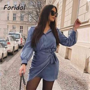 Foridol bowknot manga longa vestido de cetim para mulheres primavera outono botão para cima camisa vestido de seda casual azul senhoras vestido azul curto 210415