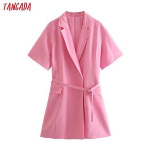 Tangada Summer Women Pink Blazer Klänning med Slash Short Sleeve Ladies Mini Dress Vestidos 2W55 210609