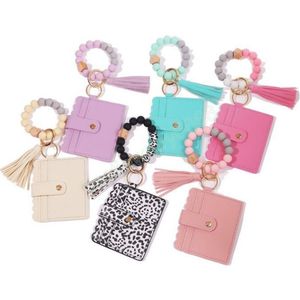 Alimentos Grau Silicone Grânulos Pulseira Keychain Borla Borla Cartão Saco LEOPARD PU Bolsas De Couro Sacos Bangle Chaveiro 12 Cores