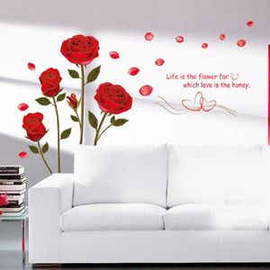 Neue abnehmbare rote Rose „Life Is The Flower“-Zitat Wandaufkleber Wandtattoo Home Room Art Decor DIY Romantische Herrliche 6055 210420