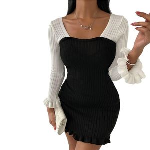 Wholesale white long sleeve open back dress for sale - Group buy Casual Dresses Women Party Stretch Bodycon Dress Fashion Long Sleeve Tie up Open Back Vestidos Ruched Contrast Color Clothes White Black