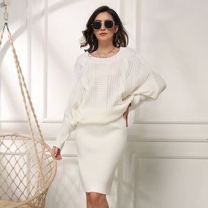 Batwing Rękaw Przegupnione Bodycon Midi Sweter Sukienka Kobiety Jesień Zima Dzianiny Vintage White Casual Office Dress 210415