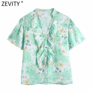 ZEVITY Kadınlar Tatlı Çiçek Baskı Yeşil Tahmin Bluz Kadın V Boyun Basamaklı Fırfır Gömlek Chic Kısa Kollu Blusas Tops LS9367 210603