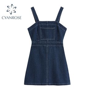 Crop Sossers Denim Dress Women Blue Ärmlös Preppy Style High Waist Slim Rem Jean Klänningar Casual Sweet Korean Vestidos 210515