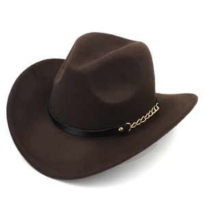 Fashion Mew Women Wool Blend Western Cowboy Cap Church Hat Outdoor Wide Brim Sombrero Godfather Cap Leather Band with Metal Chain