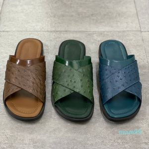 Foch Mules Slides Slipper Brown Black Men Sandal Designer Shoes Ostrich Printing Leather Flat Sandals Summer Beach Flip Flop EU47 282