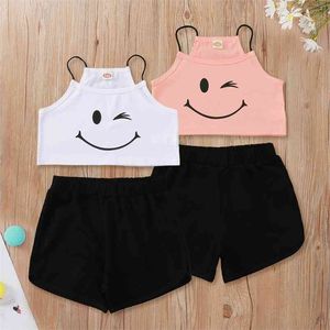 Summer Children Sets Strap Print Smell Face Tops Black Solid Shorts Cute Girls Boys Clothes Set 3-10T 210629