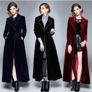 Winter Runway Designer Kvinnor Vintage Notched Collar Wrap Black Velvet Maxi Coat Tjock varm lång trench outwear 210520