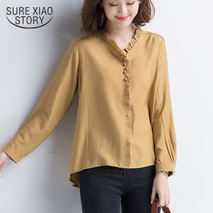 Uzun Kollu Düğme Katı Harajuku V Yaka Bayan Ve Bluz Artı Boyutu Kore Vintage Giyim Bayanlar Tops 6325 50 210417