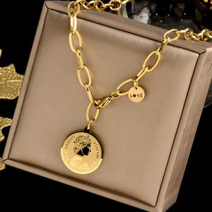 Wholesale coin necklaces for sale - Group buy 18k Gold Sliver Creative Stainless Steel Necklace Women Man Hip Hop queen Head Coin Love Letter Pendant Necklaces Chokers Chain Jewelry Bracelet set