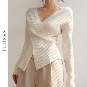 Yedinas Sexy Deep Vネックニットセーター女性エレガントな白いプルオーバー不規則な韓国のセータースリムフィット弾性ニットトップ210527