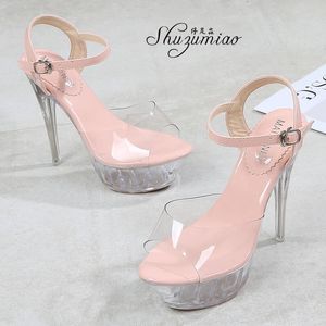 Sexiga kvinnliga sandaler skor plattformar höga klackar 15 cm sommarkvinna transparent kristall tunn klack bröllop kvinnlig