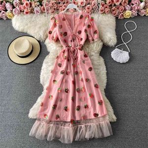 Women Short Sleeve Summer Dress Sequins Strawberry Pink Long Lace-up V-neck Sexy Party Maxi Women's Clothing 210603