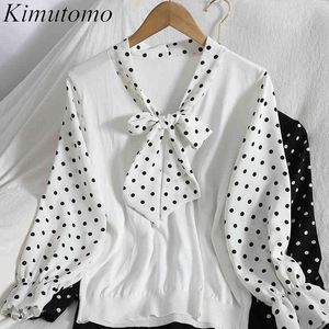 Kimutomo Spring Stitching Strap Bow Stickad Sweater Kvinnor Kontrast Stativ Krage Långärmad Koreansk Fashion Slimming Top Elegant 210521