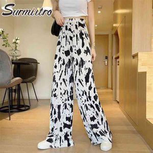 Floor Length Wide Leg Baggy Long Pants Women Summer Korean Style White Cows Female High Waist Pleated Trousers 210421