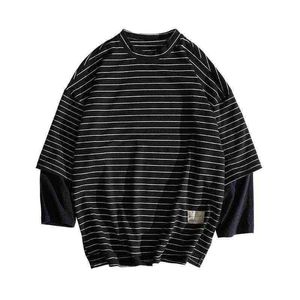 Herbst gestreifte Pullover Lange T-Shirts Herrenmode O Hals Patchwork Hip Hop Casual Tops T-Shirts Kühle Harajuku T-Shirts für Jungen G1222