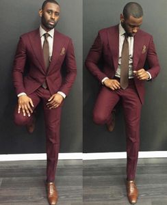 Klasör Burgundy Düğün Erkek Slim Fit Damat Smokin Erkekler Iki Adet Iki Parça Groomsmen Suit Resmi İş Ceketler Kravat Ile