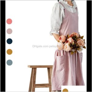 Textiles Hem Gardencotton Linne Förkläde Retro Vintage Kvinnor Mode Japansk Koreanska Förkläden Trädgård Arbete Kök Matlagning Drop Leverans 2021