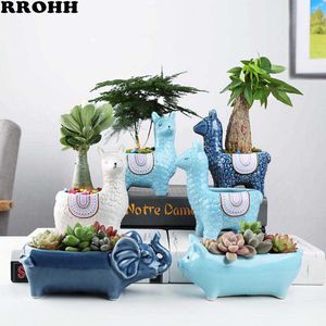 Cartoon Cute Alpaca Succulent Flower Pot Desktop Placed Potted Container Decoration Gift Balcony Plant Ceramic Creative 210615