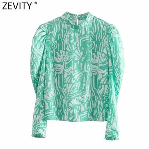 Women Fashion Agaric Lace Stand Collar Printing Casual Smock Blouse Female Puff Sleeve Shirt Chic Blusas Tops LS7711 210420