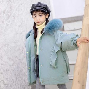 -30 Winter White Duck Down Thick Warm Jacket For Girls Child Long Outerwear Kids Real Raccoon Fur Collar Snowsuit TZ730 H0910