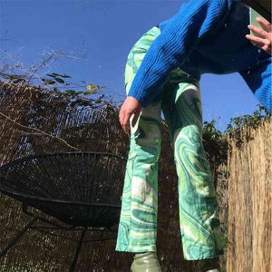 Paisley طباعة Y2K Sweatpants عالية الخصر السراويل للنساء الصيف التعادل صبغ الأخضر طويل الأزياء شيك سستة السراويل للإناث 210415