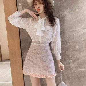 Small Fragrance Spring Woolen Two Piece Set Women Chiffon Pearls Button Bow Tie Shirt Blouse Tweed Mini Skirts Sets 2pcs Suit 210514