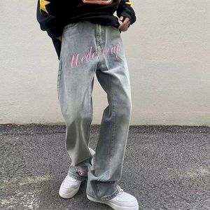 Mäns Jeans Amerikanska Ljusblå Retro Broderi Byxor Män Kvinnor Vår Höst Hög Midja Straight Loose Casual Wide-Ben Byxor Y2K