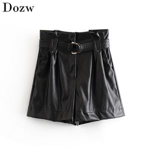 Pu Leather Shorts Women High Waist Black With Belt Autumn Winter Female Faux Pleated Mini Pants 210515