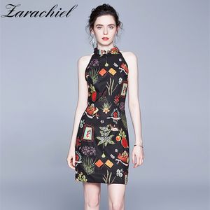 Elegante Blumendruck aus der Schulter Frauen ärmelloser Mandarinkragen weiblicher Sommer Sexy Party Slim A Line Kleid Vestidos 210416