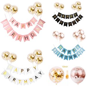 Feliz aniversário Bunting Banner com 5 pcs Rose Gold Confinetti Balões para Crianças Adult Birthday Bych Feminino Decorações 211216