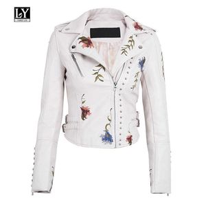 Ly Varey Lin Faux Soft Leather Jacket Kvinnor Broderi Floral PU Motorcykel Epaulet Zipper Punk Ytterkläder 210526
