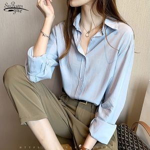 Camisa adiantada de outono manga longa girar para baixo colarinho v-pescoço chiffon blusa plus size solto all-match white blusa 11489 210521