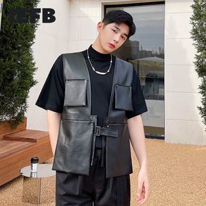 IEXB Bahar ve Yaz erkek Giyim Çok Cep Perçin Tasarım Siyah PU Deri Yelek Kolsuz Streetwear Tops 9Y7554 210524