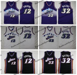 Mens Vintage 1996-97 Jerseys de Basquete 12 John Stockton 32 Karl Malone Neve Montanha Roxo Branco Preto Costura Camisas